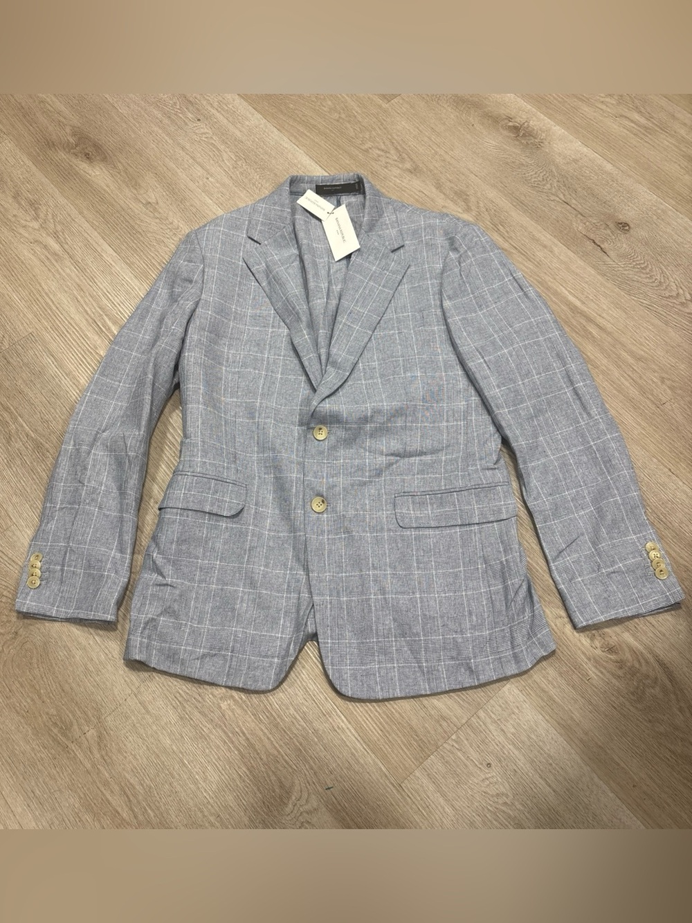 Banana Republic Light Gray Windowpane Linen-Blend Blazer